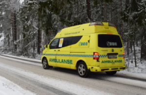 Illustrasjon av en ambulanse som kjører i utrykning