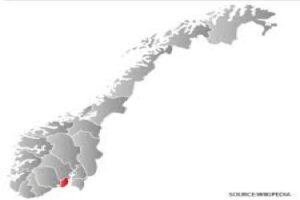 Omriss av Vestfold i et norgeskart