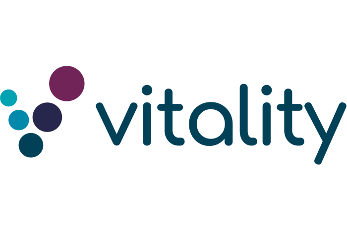 Logo fra vitality, navn og fem prikker. 