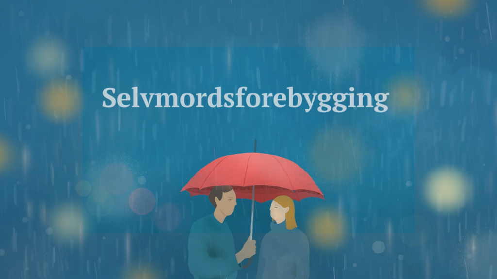 illustrert bilde av Mann og kvinne i regnvær under en paraply. Hentet fra E-læringskurset "Selvmordsforebygging".