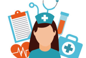 Illustrasjon av sykepleier med medisinske ikoner i bakgrunn
