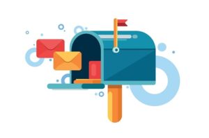 Illustrasjon av en postkasse med brev på vei inn