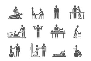 illustrasjonsbilde av menneskefigurer som gjør ulike fysioterapiøvelser, med og uten instruktør.
