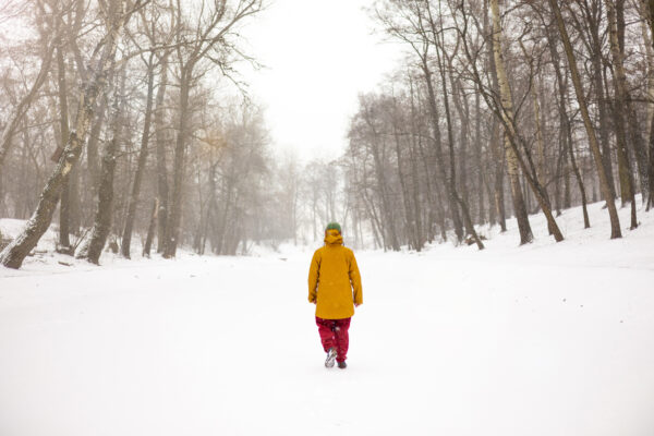 Fotografi av person gående gjennom skogen i snø